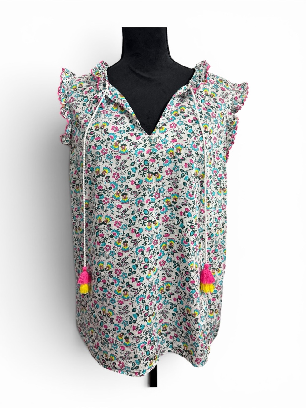 Boden Floral Tassel Ruffle Camisole - White with Pink & Yellow